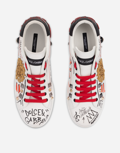 Shop Dolce & Gabbana Calfskin Portofino Sneakers With Embroidery And Studs In Multicolor