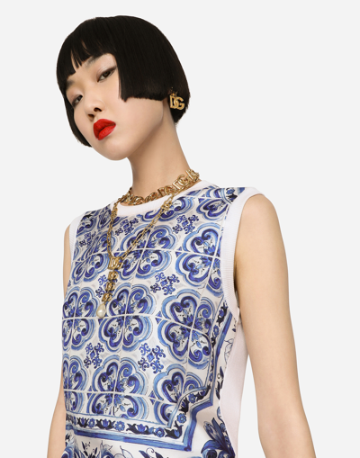 Shop Dolce & Gabbana Sleeveless Silk And Twill Sweater With Majolica Print In Multicolor
