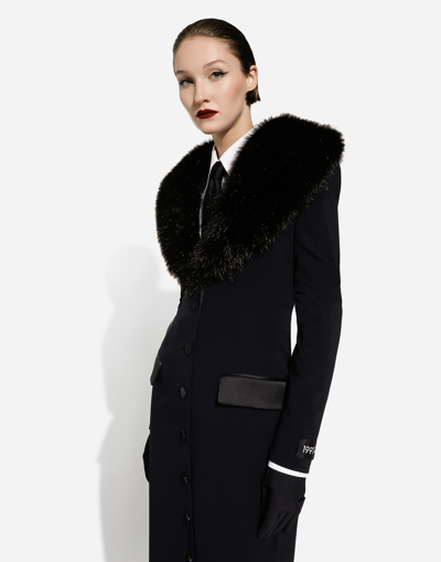 Shop Dolce & Gabbana Long Silk Georgette Coat With Faux Fur Collar In Black