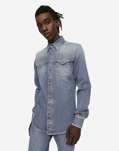 Shop Dolce & Gabbana Light Blue Wash Stretch Denim Shirt In Multicolor