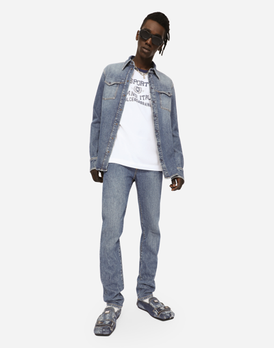 Shop Dolce & Gabbana Light Blue Wash Stretch Denim Shirt In Multicolor