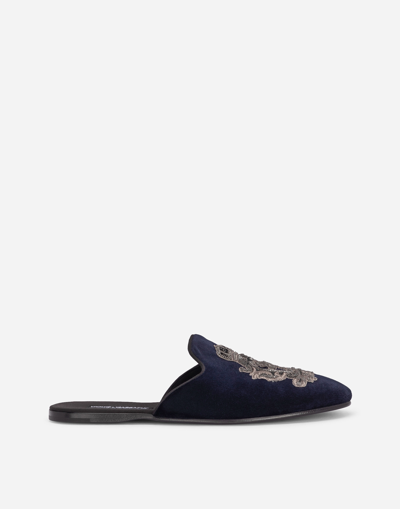 Shop Dolce & Gabbana Velvet Slippers With Coat Of Arms Embroidery In Blue