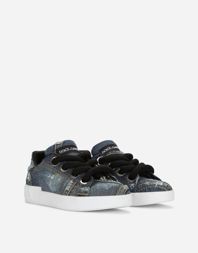 Shop Dolce & Gabbana Denim Patchwork Portofino Sneakers In Blue