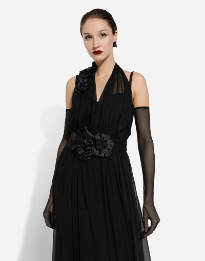 Shop Dolce & Gabbana Long Silk Chiffon Dress With Floral Appliqué In Black