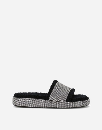 Dolce & Gabbana Terrycloth Sliders With Fusible Rhinestones In Black