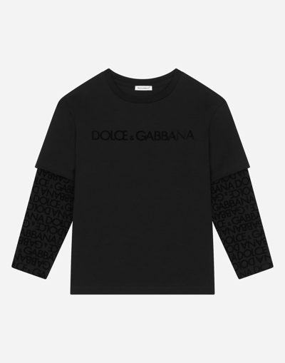 Shop Dolce & Gabbana Long-sleeved Jersey T-shirt With Flocked Logo Print In Multicolor