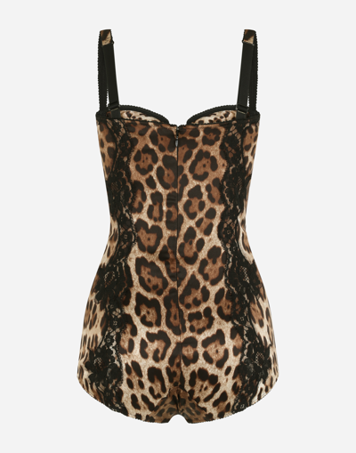 Shop Dolce & Gabbana Silk Balconette Lingerie Bodysuit With Leopard-print Lace Details In Animal Print