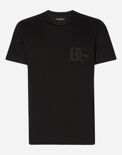 Dolce & Gabbana Cotton Round-neck T-shirt With Dg Embroidery In Black