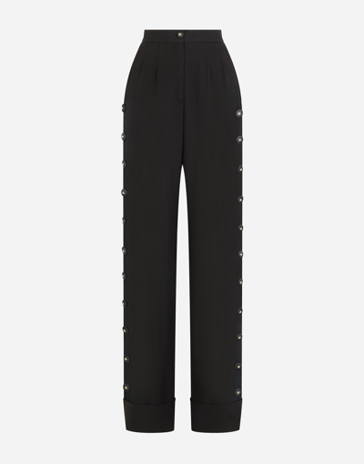 Shop Dolce & Gabbana Piqué Palazzo Pants With Buttons And Turn-ups In Black