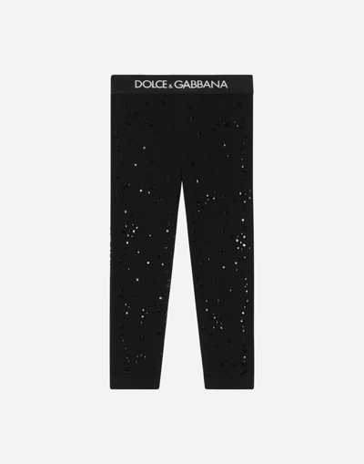 Dolce & Gabbana Kids' Interlock Leggings With Fusible Rhinestones In Black