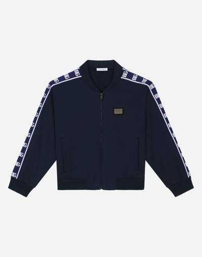 Shop Dolce & Gabbana Zip-up Jersey Sweatshirt With Logo Side Bands In Blue