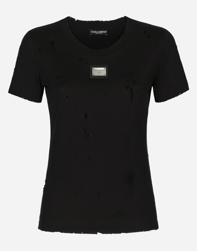 Shop Dolce & Gabbana Jersey T-shirt With Rips And Dolce&gabbana Tag In Black