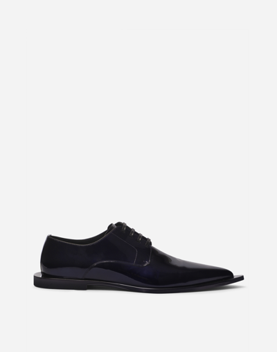 Shop Dolce & Gabbana Metallic Patent Leather Derby Shoes In Blue