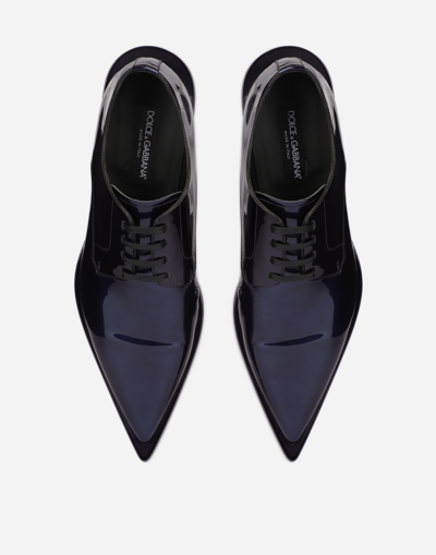 Shop Dolce & Gabbana Metallic Patent Leather Derby Shoes In Blue