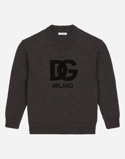 Shop Dolce & Gabbana Wool Round-neck Sweater With Flocked Dg Logo In Multicolor