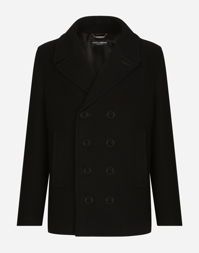 Dolce & Gabbana Double-breasted Wool Pea Coat With Branded Tag In Black