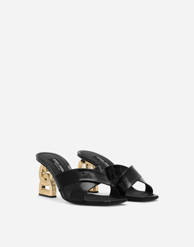 Dolce & Gabbana 75 Patent Leather Dg Heel Mules In Black