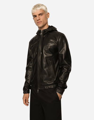Dolce & Gabbana Leather Jacket With Hood And Branded Tag In Black
