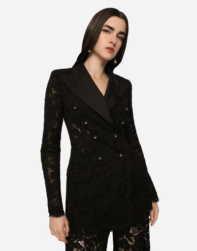 Shop Dolce & Gabbana Branded Stretch Lace Turlington Blazer In Black