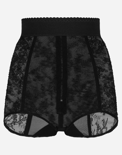Shop Dolce & Gabbana Lace High-waisted Panties With Elasticated Waistband In Black