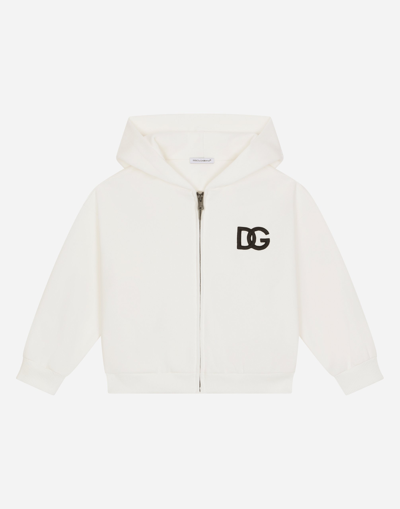 Shop Dolce & Gabbana Zip-up Jersey Hoodie With Dg Logo Patch In White