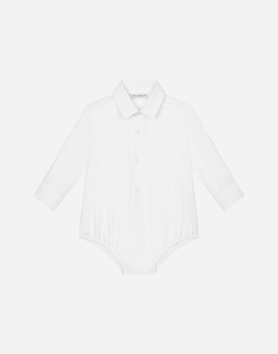Shop Dolce & Gabbana Poplin Shirt-style Babygrow With Jacquard Logo In White