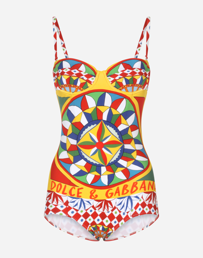Dolce & Gabbana Balconette One-piece Swimsuit With Carretto Print In Carretto_logo_rosso
