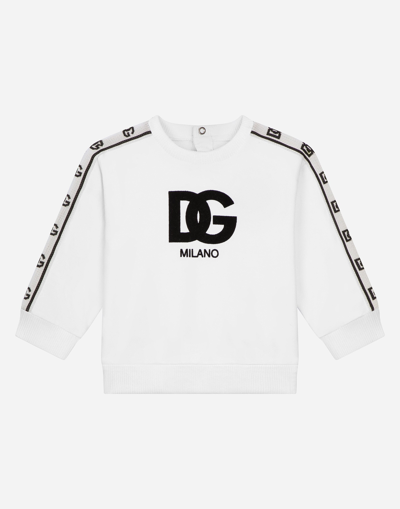 Dolce & Gabbana Long-sleeved Round-neck Sweatshirt With Logo Print And Branded Trims In White