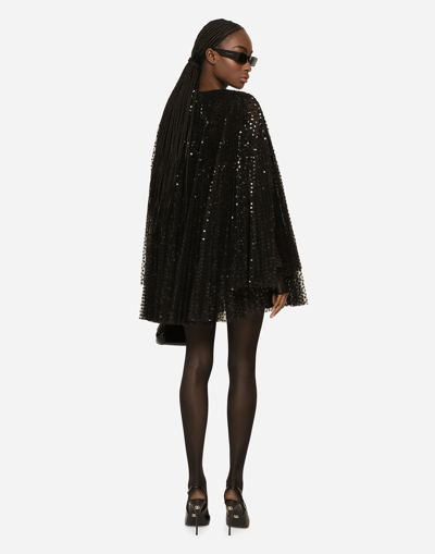 Shop Dolce & Gabbana Short Pleated Dress With Full Sequined Sleeves In Black