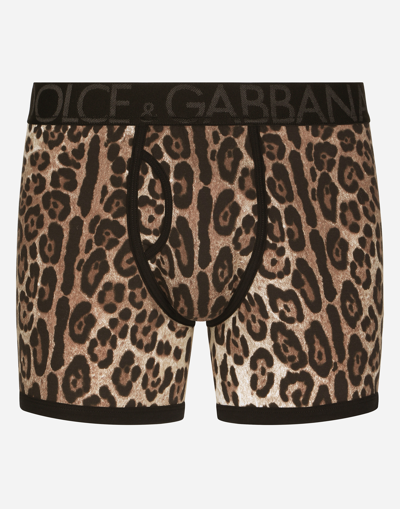 Shop Dolce & Gabbana Long-leg Two-way Stretch Cotton Boxers With Leopard Print In Animal Print
