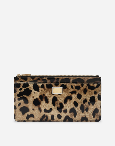 Dolce & Gabbana Large Polished Calfskin Card Holder With Zipper And Leopard Print In Brown