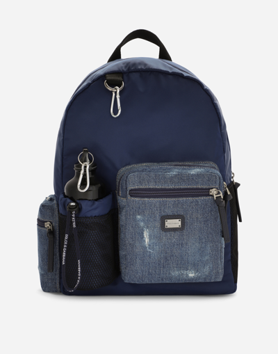 Shop Dolce & Gabbana Denim And Nylon Backpack With Logo Tag In Blue