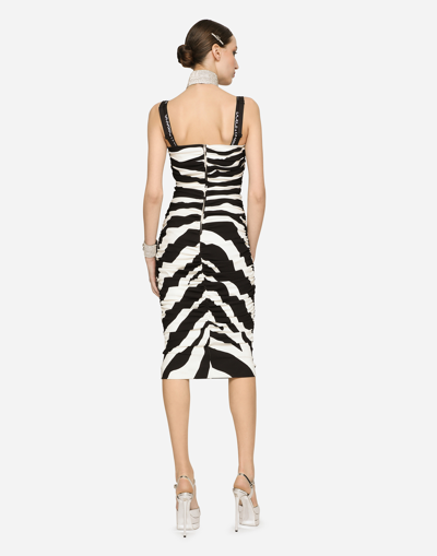 Shop Dolce & Gabbana Zebra-print Cady Calf-length Dress With Draping In Multicolor