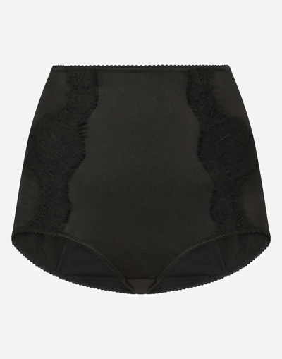 Dolce & Gabbana Satin High-waisted Panties With Lace Details In Black