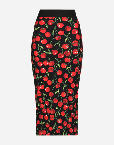 Dolce & Gabbana High-waisted Charmeuse Calf-length Skirt With Cherry Print In Multicolor