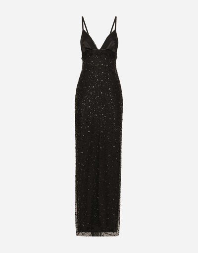 Dolce & Gabbana Long Tulle Slip Dress With All-over Rhinestone Embellishment In Black
