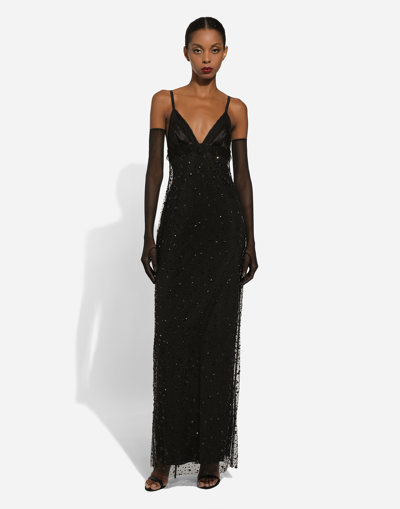 Shop Dolce & Gabbana Long Tulle Slip Dress With All-over Rhinestone Embellishment In Black