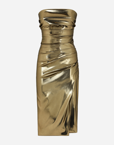 Dolce & Gabbana Laminated Fabric Strapless Draped Midi Dress In Oro