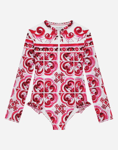 Shop Dolce & Gabbana Long-sleeved Majolica-print One-piece Swimsuit In Multicolor