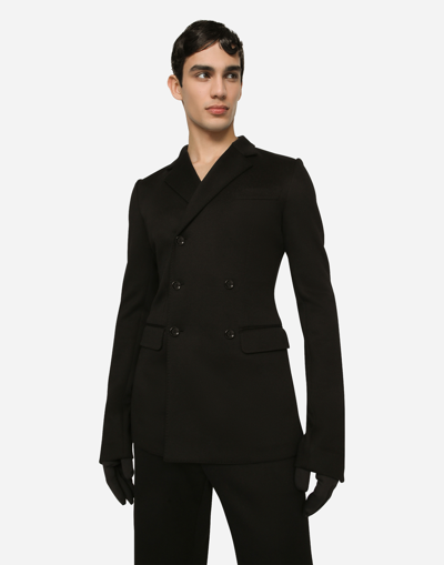 Shop Dolce & Gabbana Double-breasted Technical Cotton Jersey Jacket In Black