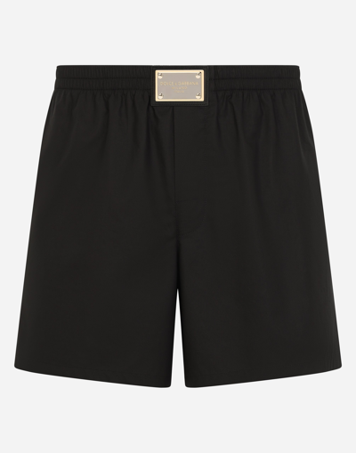 Shop Dolce & Gabbana Long Cotton Boxers With Branded Plate In Black