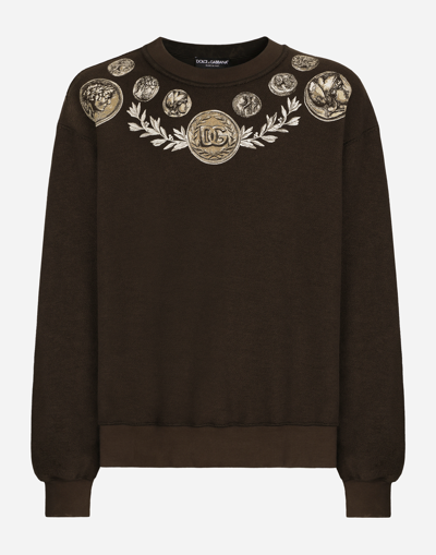 Shop Dolce & Gabbana Coin Print Inside-out Jersey Sweatshirt In Brown