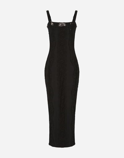 Shop Dolce & Gabbana Jersey Calf-length Dress With Lace Inserts In Black