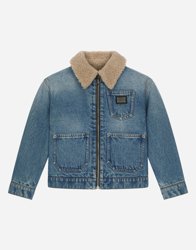 Dolce & Gabbana Kids' Shearling-collar Denim Jacket In Blue