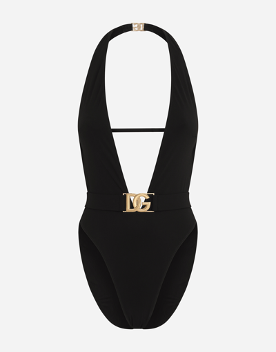 Shop Dolce & Gabbana One-piece Swimsuit With Plunging Neck And Belt In Black