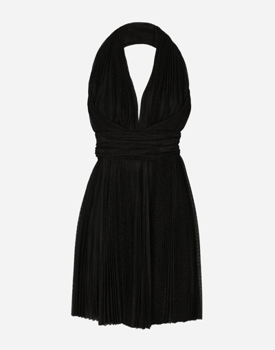 Shop Dolce & Gabbana Short Pleated Lurex Mesh Dress In Black