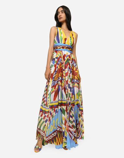 Shop Dolce & Gabbana Long Carretto-print Chiffon Dress In Multicolor