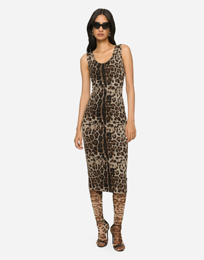 Shop Dolce & Gabbana Long Jersey Dress With Jacquard Leopard Design In Multicolor