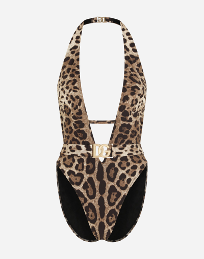 Dolce & Gabbana Leopard-print Belted One-piece Swimsuit In Multi