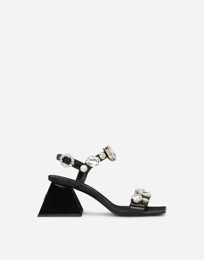 Dolce & Gabbana Polished Calfskin Sandals With Crystals In Black